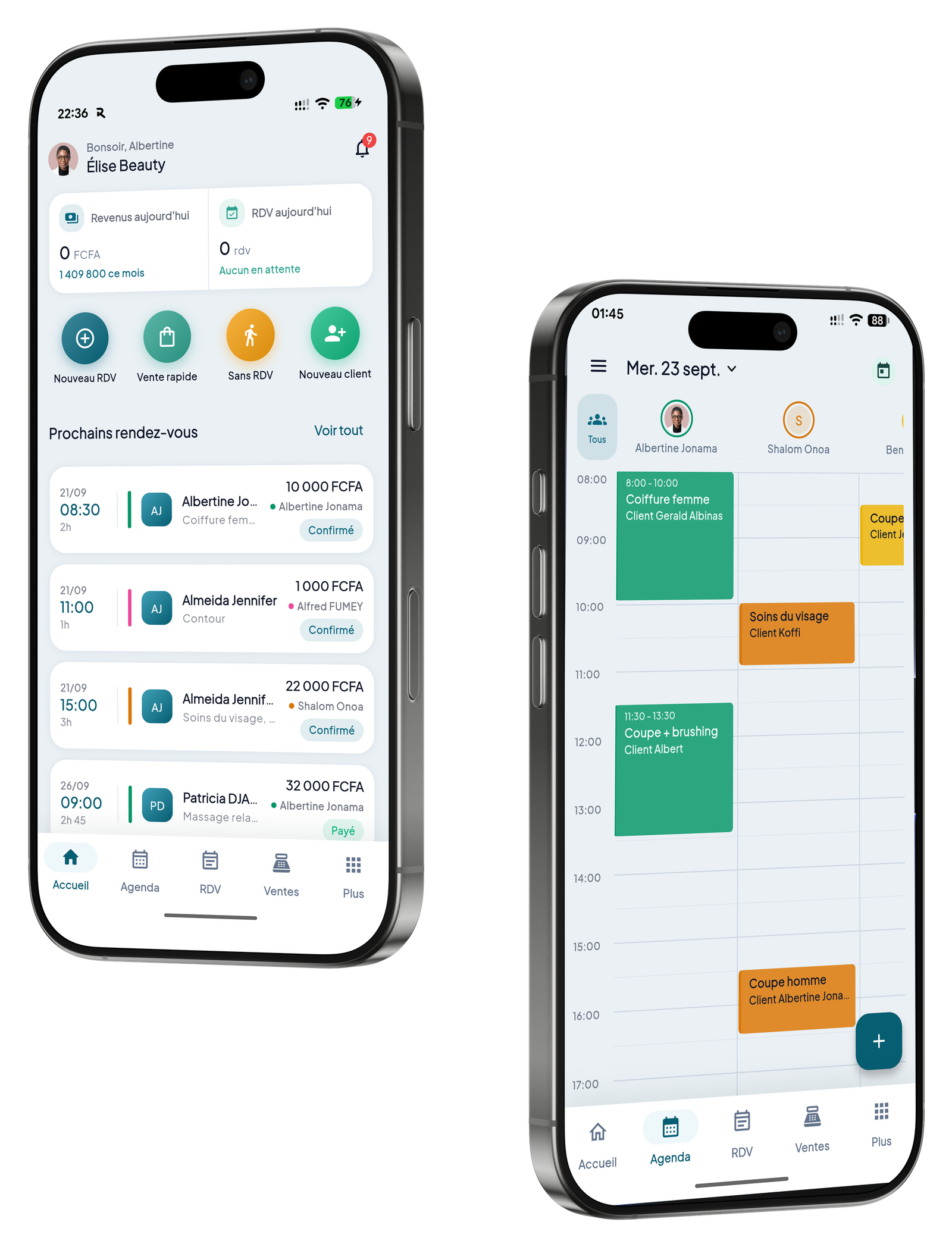Application Rendezy Pro : tableau de bord et rendez-vous du salon